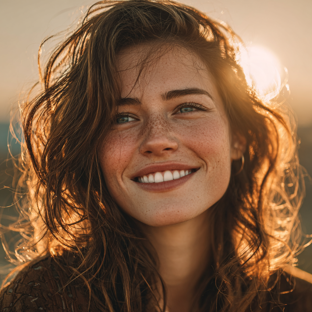 Happy woman with healthy eyes smiling outdoors in natural sunlight