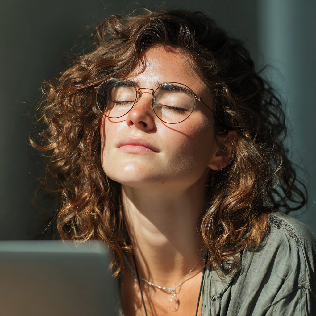 Professional woman taking a break from computer work to rest her eyes in natural lighting
