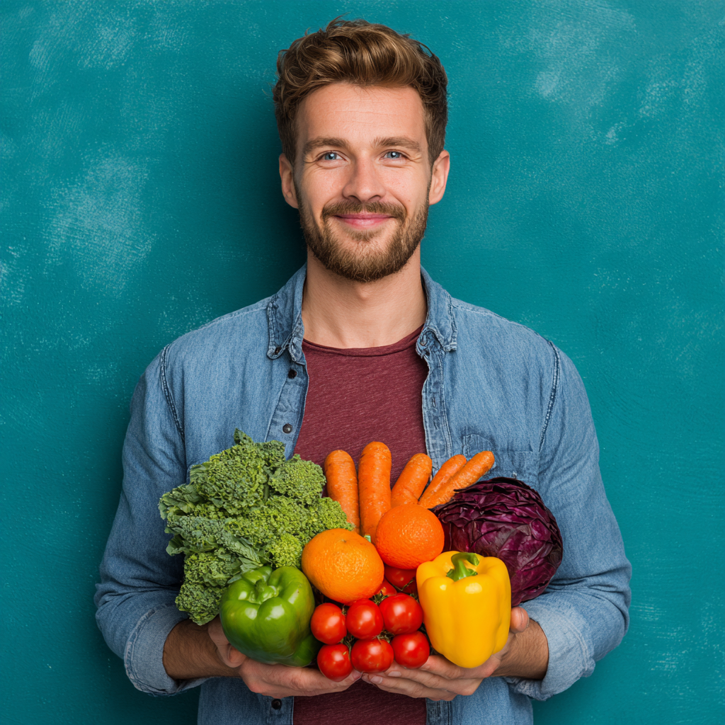 Young man eating colorful vegetables and fruits rich in vitamins for eye health